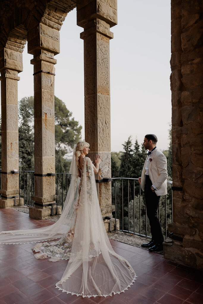 Bride and grooms portraits on the panoramic terrace at La Baronia in Barcelona, Spain. 
