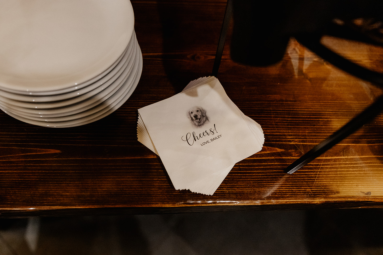 Custom wedding reception napkin with the bride and grooms dog.