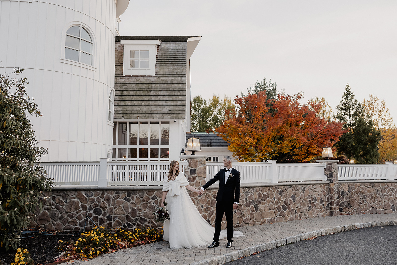 Outdoor fall newlywed portraits at The Farmhouse venue in Hampton, NJ.