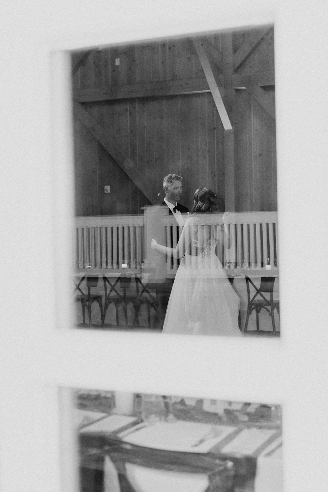 Bride and groom sharing first dance inside silo reception space at The Farmhouse wedding venue in Hampton, NJ.