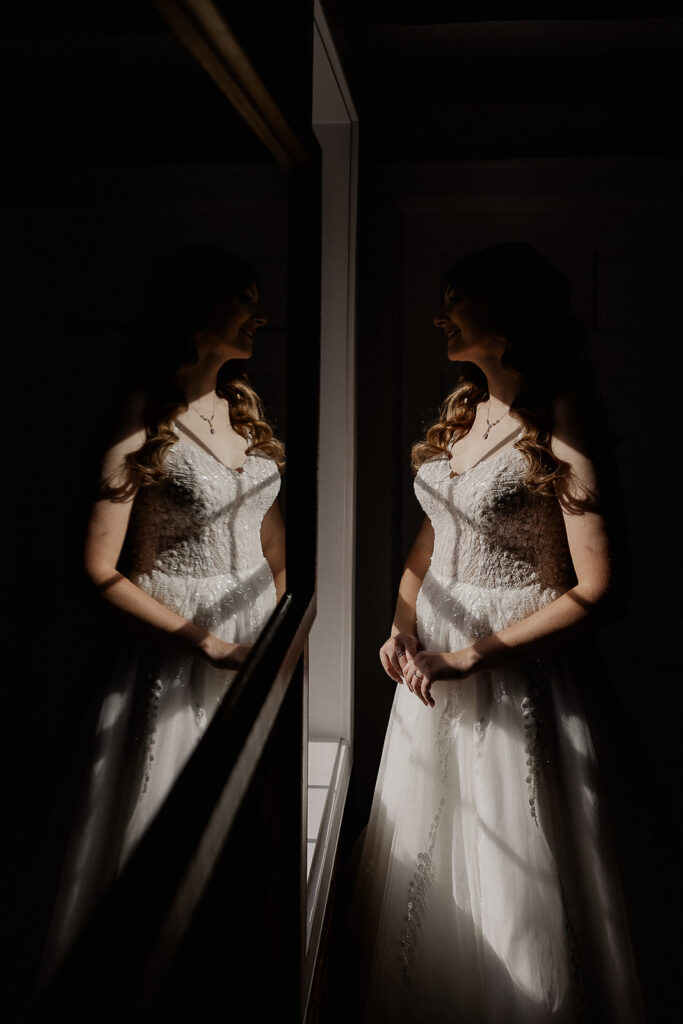Bride portrait with soft light during getting ready at a farmhouse wedding in Hampton, NJ.
