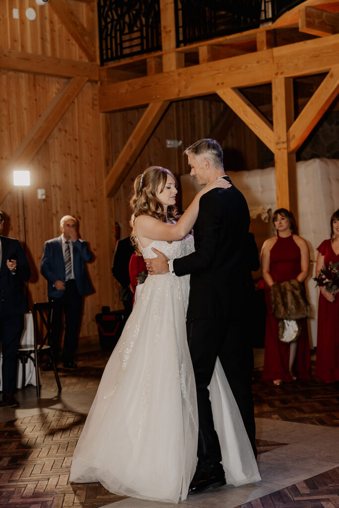 Bride and groom sharing a first dance.