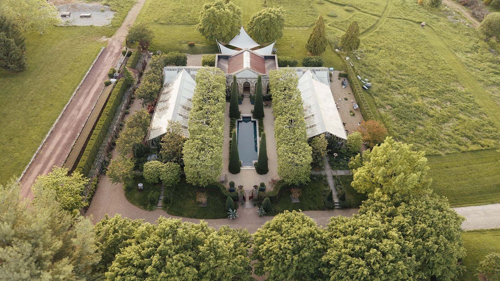 Overhead drone shot of a Jardin de Buis in Califonm NJ.