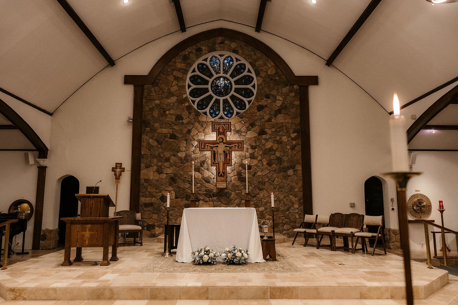 Church altar before a Catholic wedding ceremony at St. Mary’s Church in Pompton Lakes, NJ.
