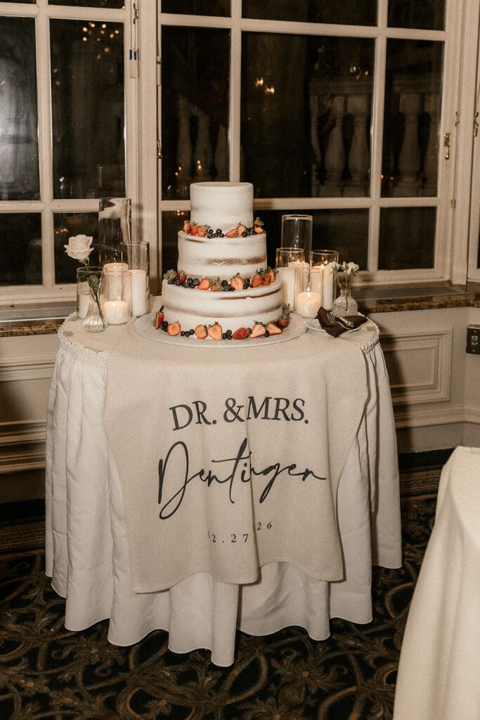 Wedding cake displayed during a reception at The Brownstone in Paterson, NJ.