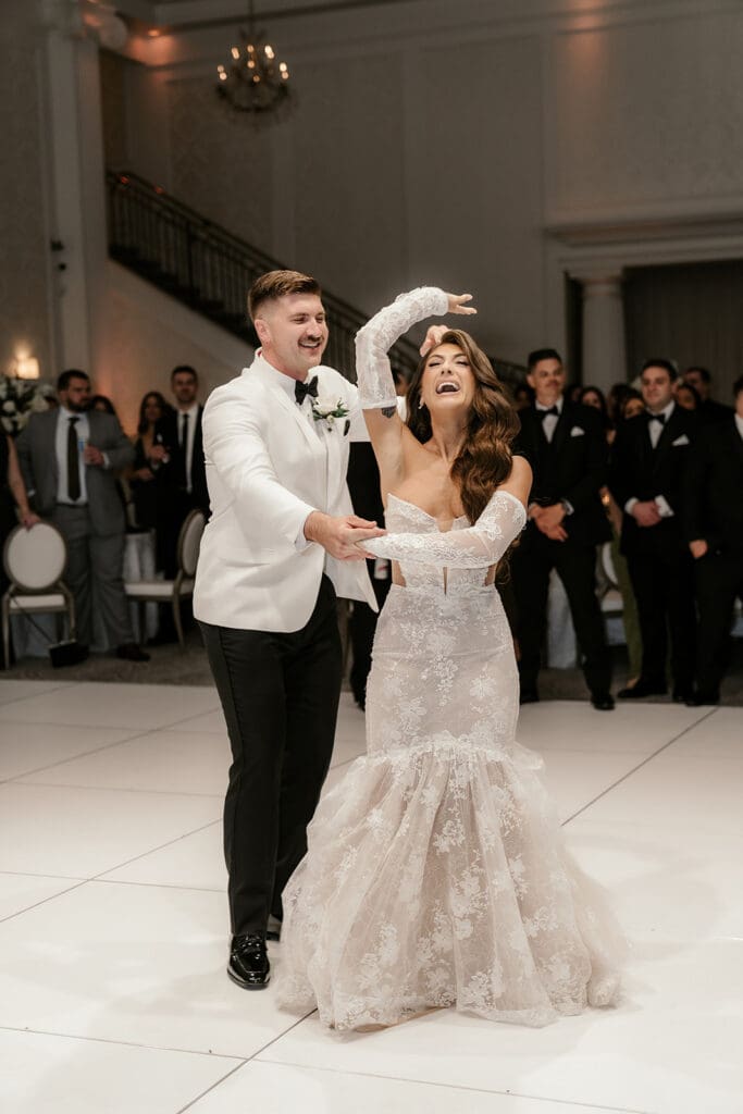 Bride and groom sharing a first dance.