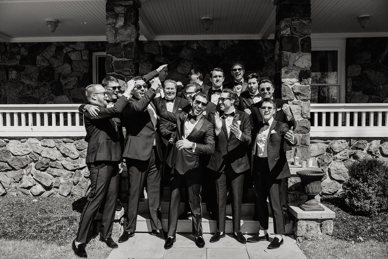 Black and white photo of the groom and groomsmen at The Ryland Inn in NJ.