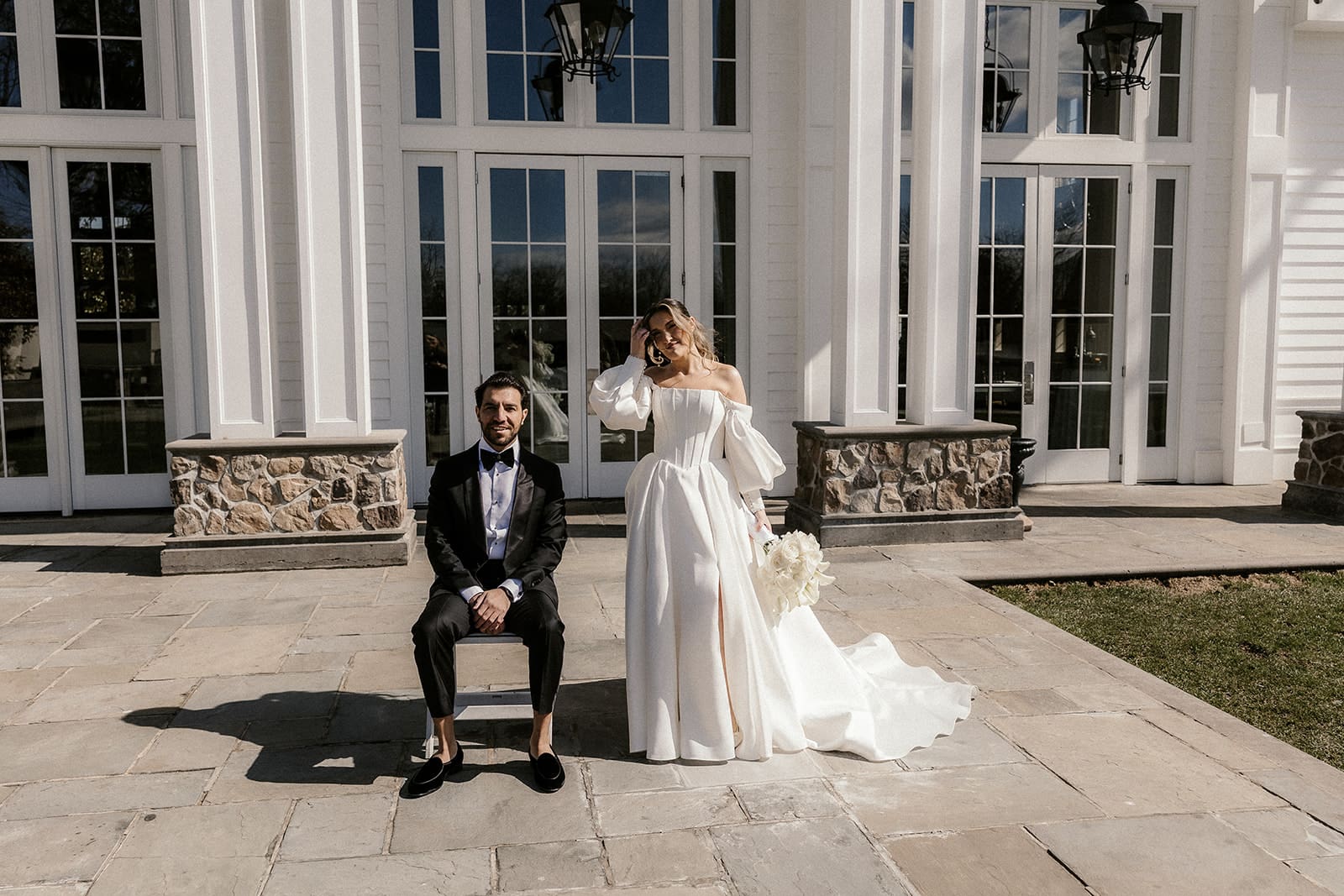 Bride and groom portraits outside The Ryland Inn wedding venue in White House Station, NJ.