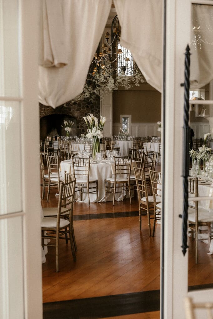 Indoor wedding reception setup in the Grand Ballroom at The Ryland Inn.