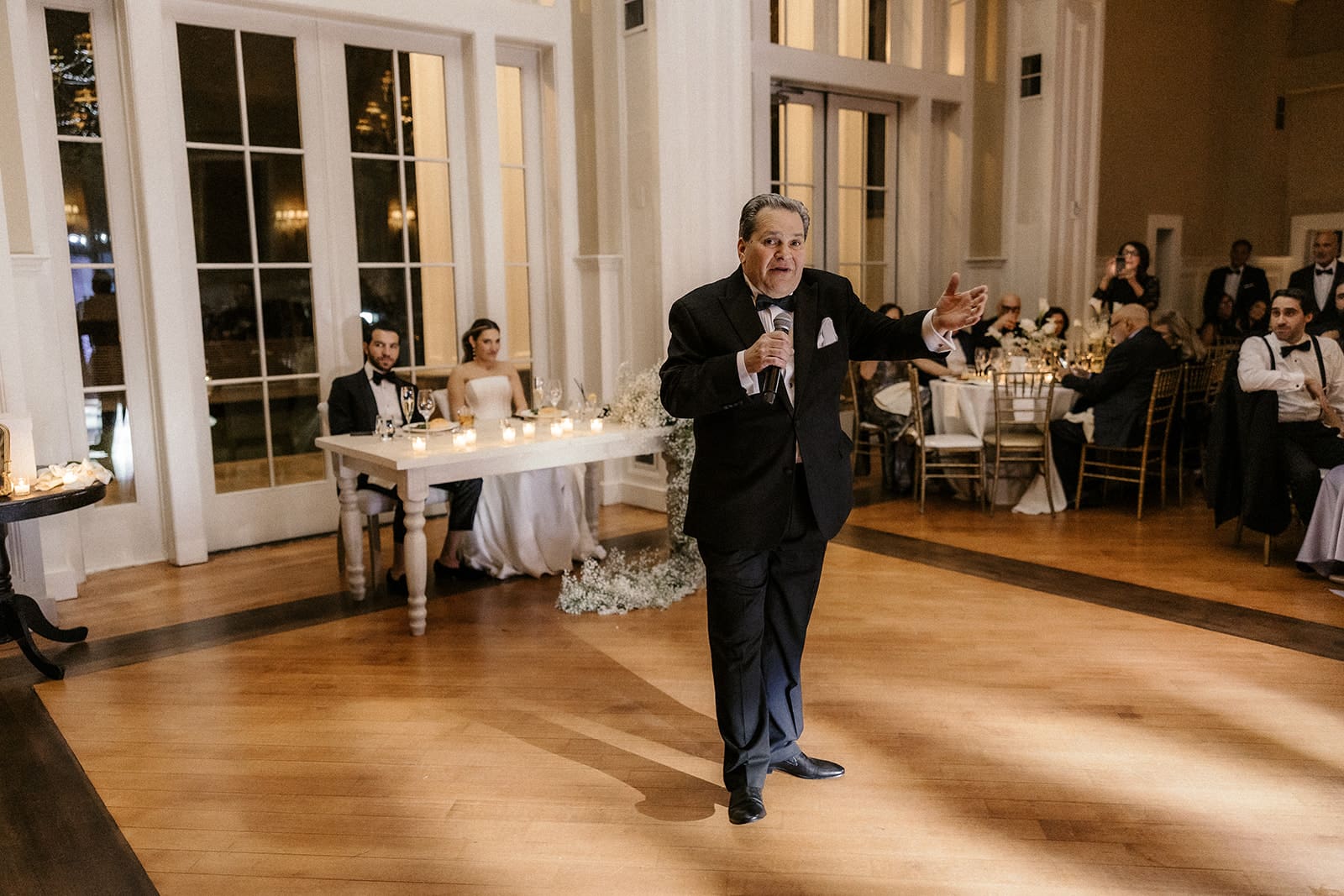Brides father giving a speech during their wedding reception at The Ryland Inn.