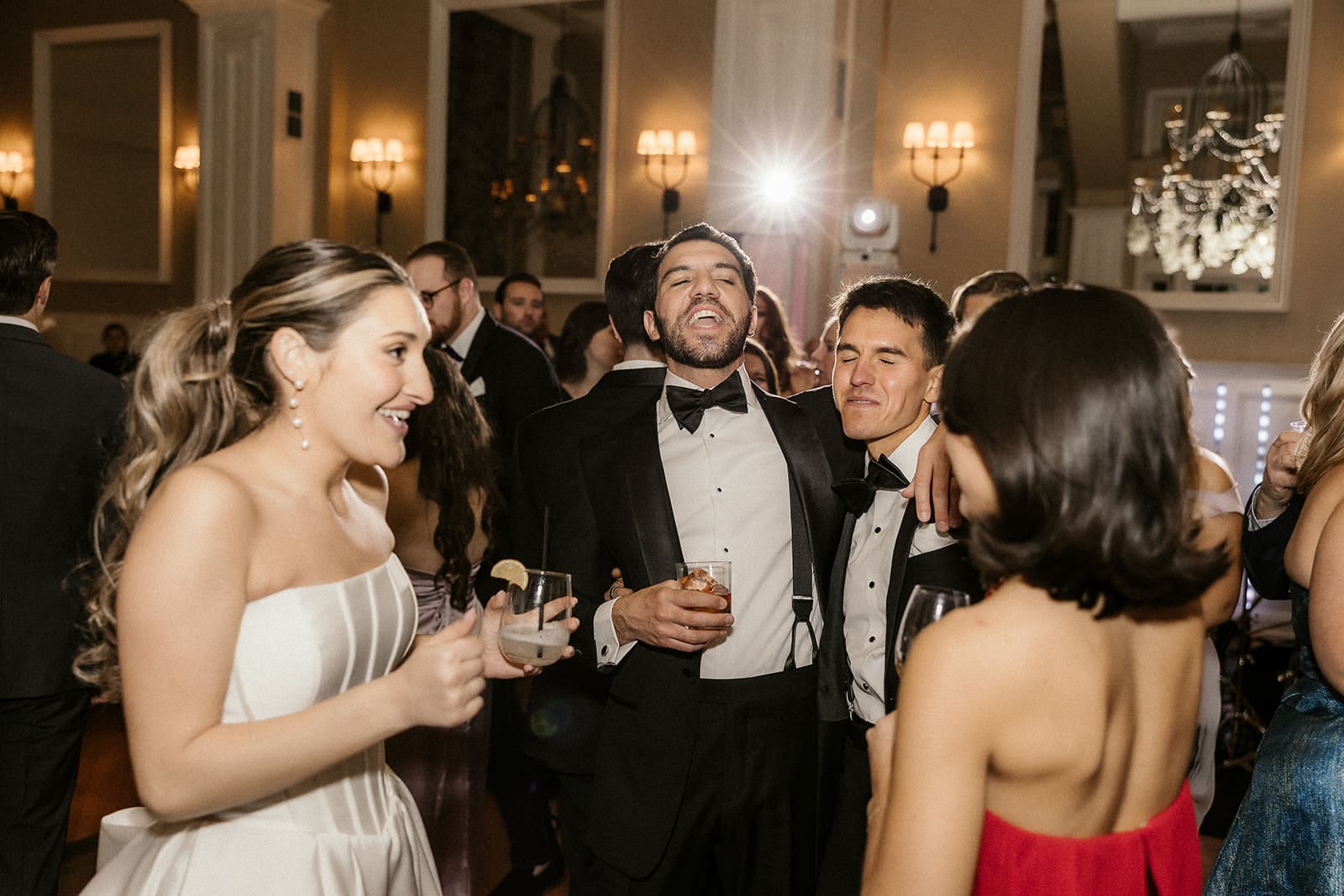 Bride and groom mingling with guests.
