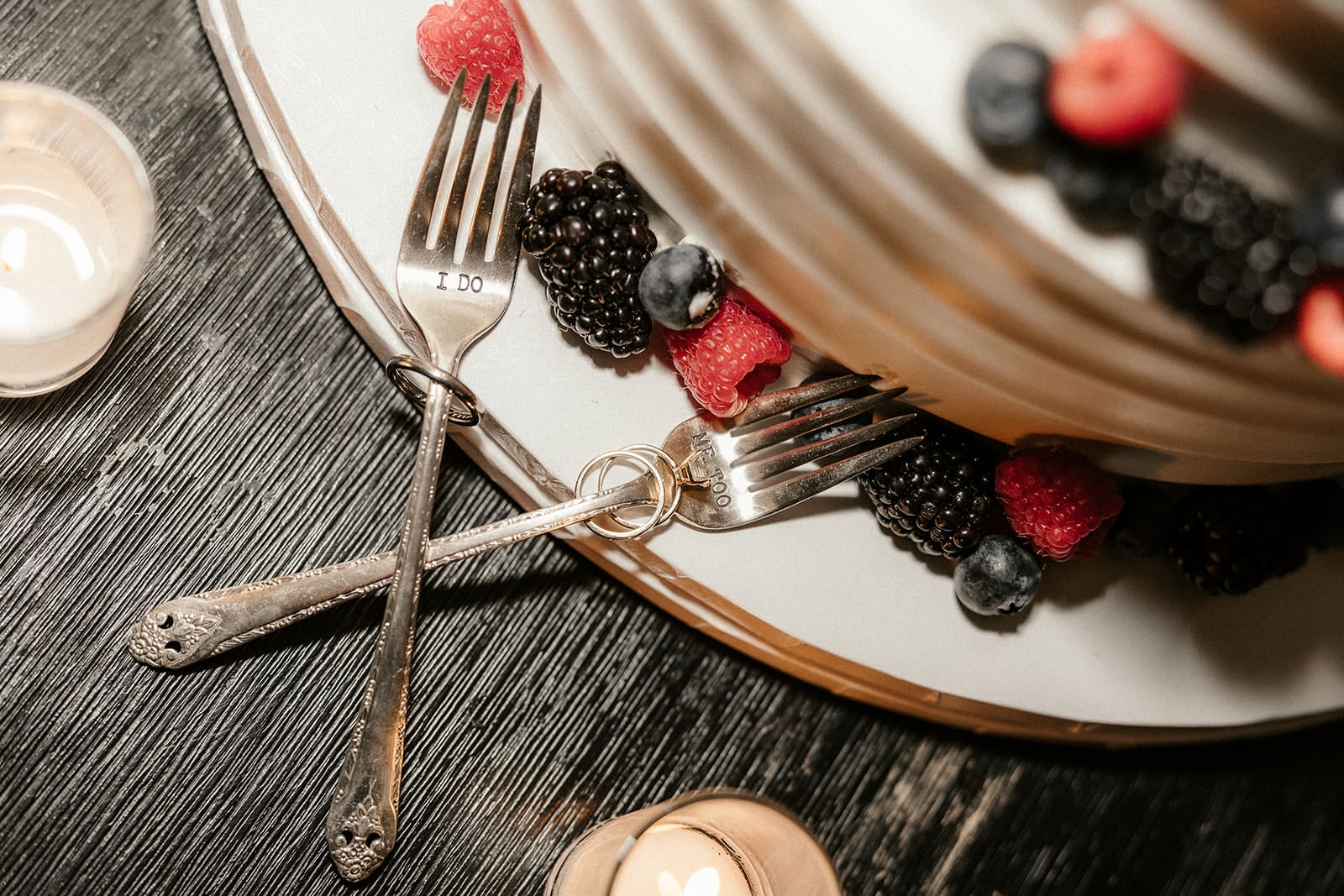 Close up shot of custom cake forks with I Do and Me Too.