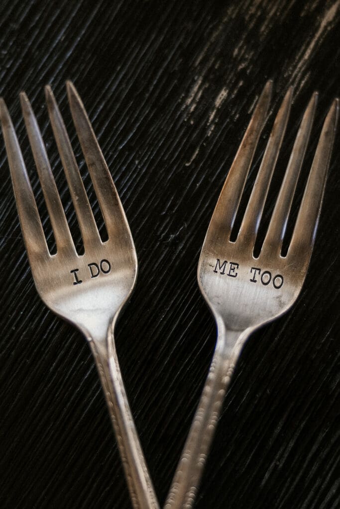 Custom wedding cake forks that says I Do and Me Too.