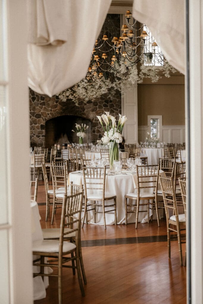 An elegant indoor wedding reception setup in the Grand Ballroom at The Rylan Inn in White House Station, NJ.
